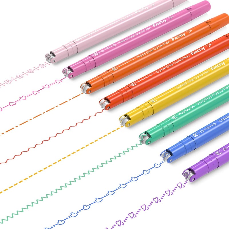 AECHY 8PCS Curve Highlighter Pen for Note Taking, Dual Tip Pens with 8 Different Curve Shapes & 8 Colors Fine Lines, Colored Curve Pens Set for Kids Journaling Back to School Supplies - Image 1